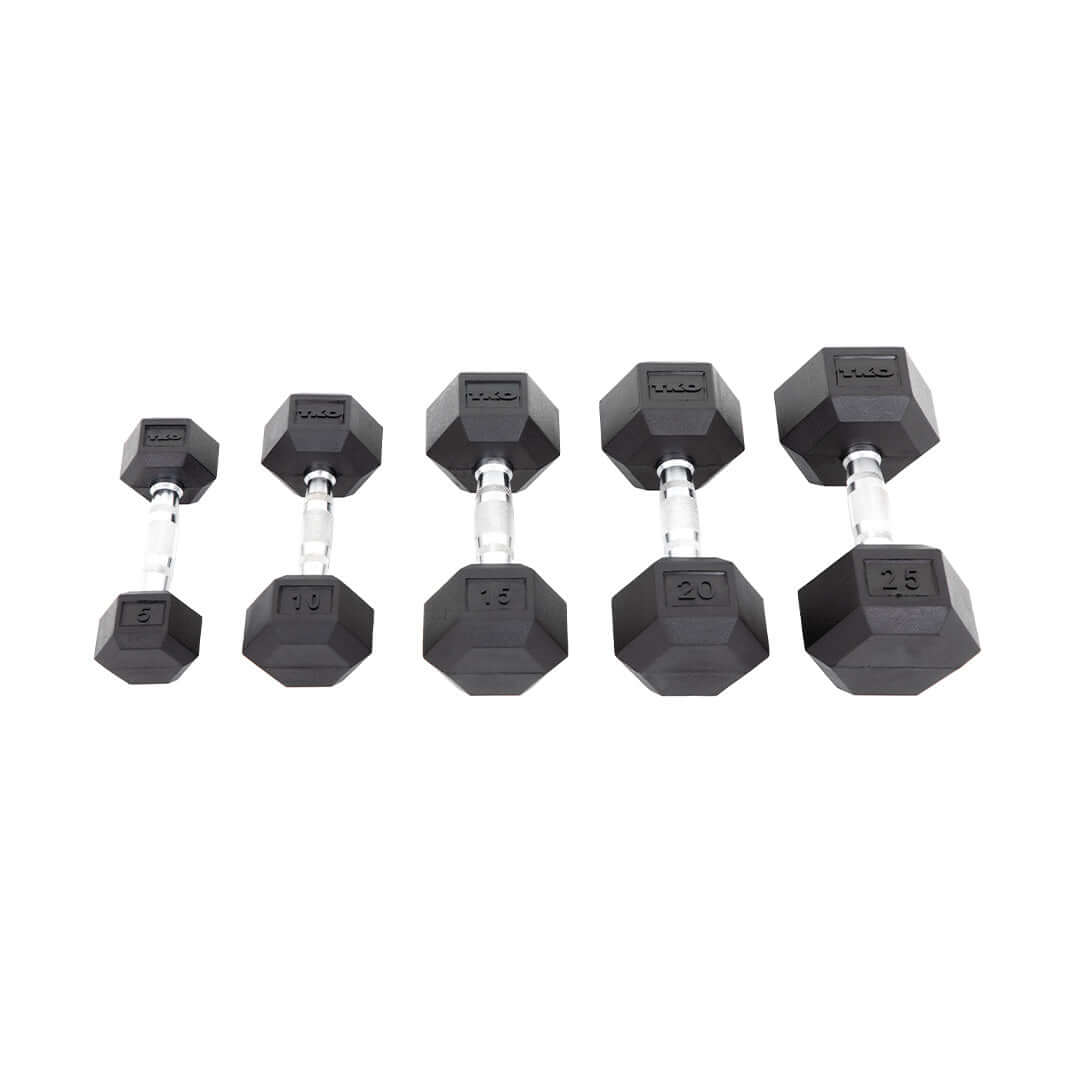 TKO Rubber Hex Dumbbell Set w/ Chrome Contoured Handle (5-50 lb)