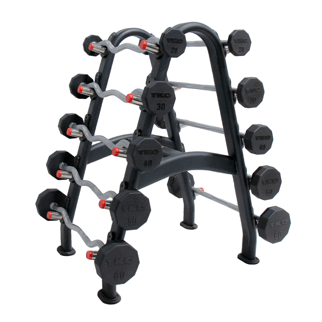 TKO Rubber Straight & Curl Barbell Set w/ 10-Bar Rack (20-60 lb)