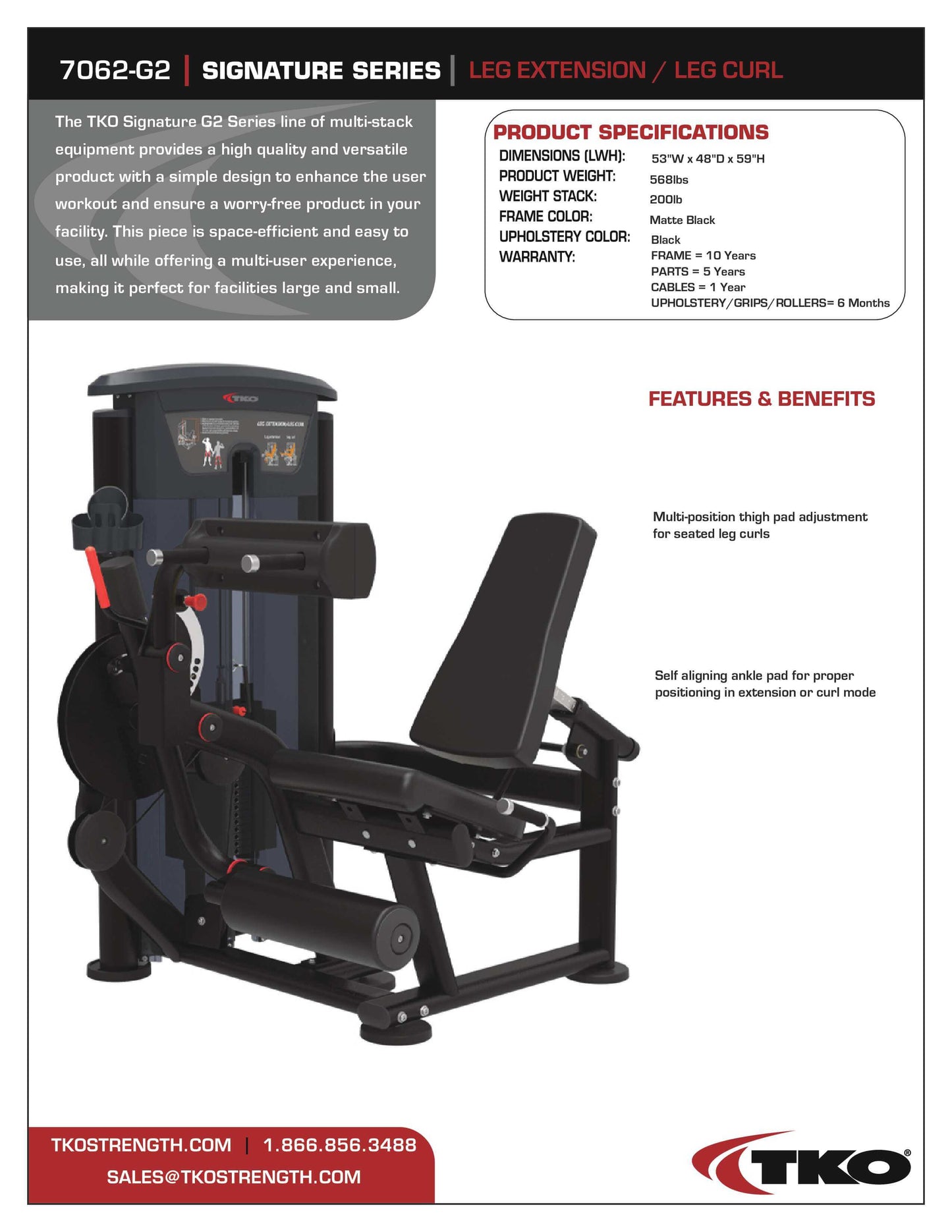 TKO Signature Dual Leg Extension / Leg Curl Machine 200 lb Weight Stack