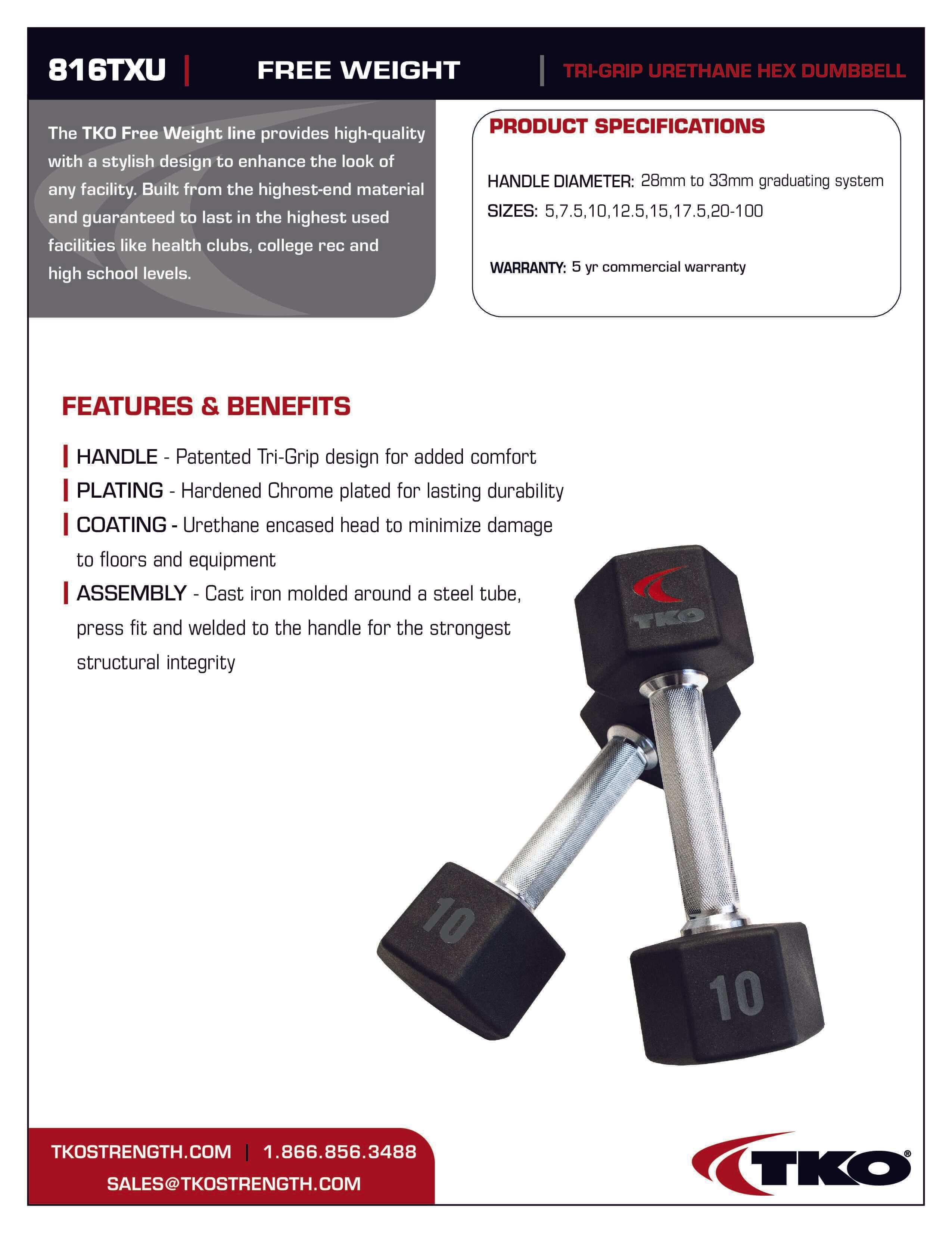 TKO Urethane Hex Tri-Grip Dumbbell Set (5-100 lb)